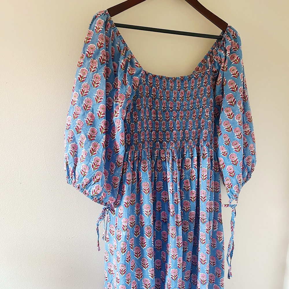 Blue Indian Block Print Smocked Floral Midi Dress Cotton